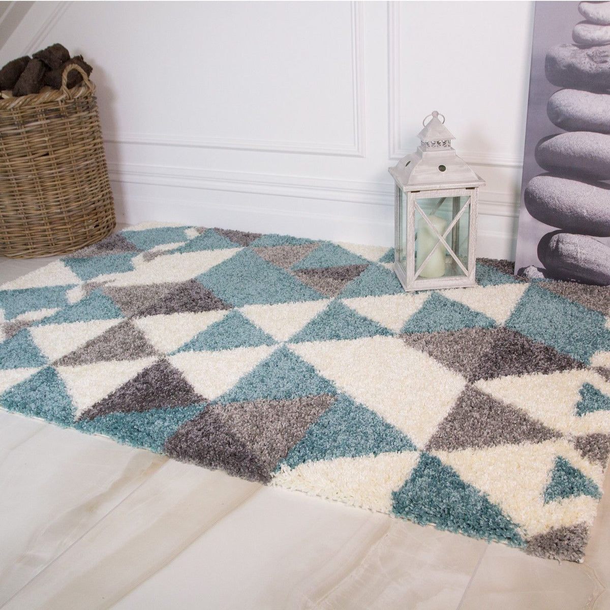 Duck Egg Blue Diamond Shaggy Rug