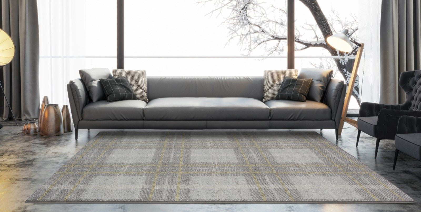 Grey & Yellow Check Rug