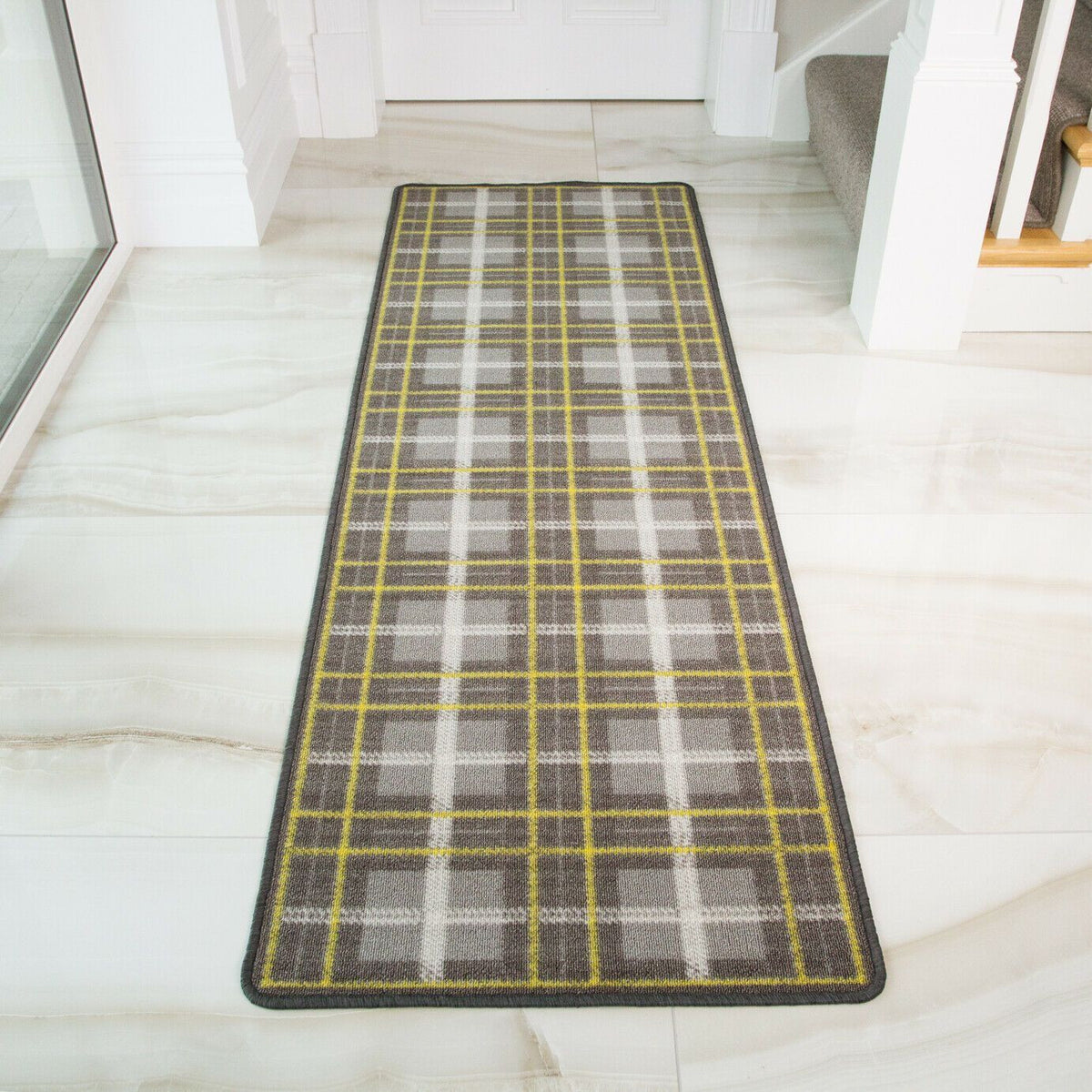 Yellow & Grey Tartan Runner Rug