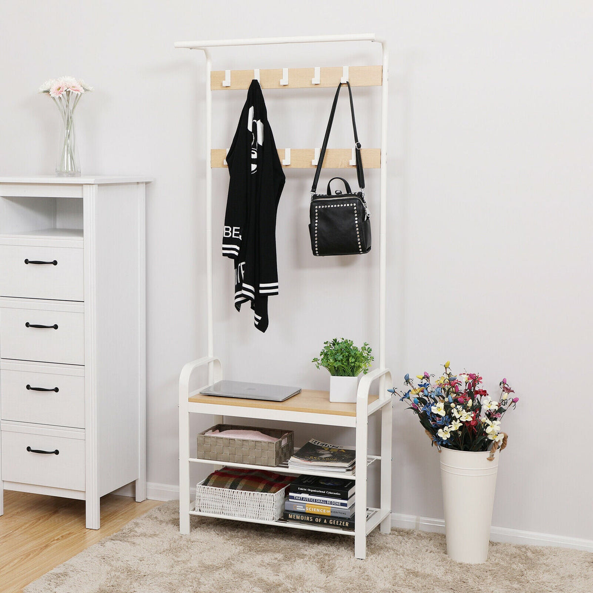 White Free Standing Rustic Coat & Shoe Rack