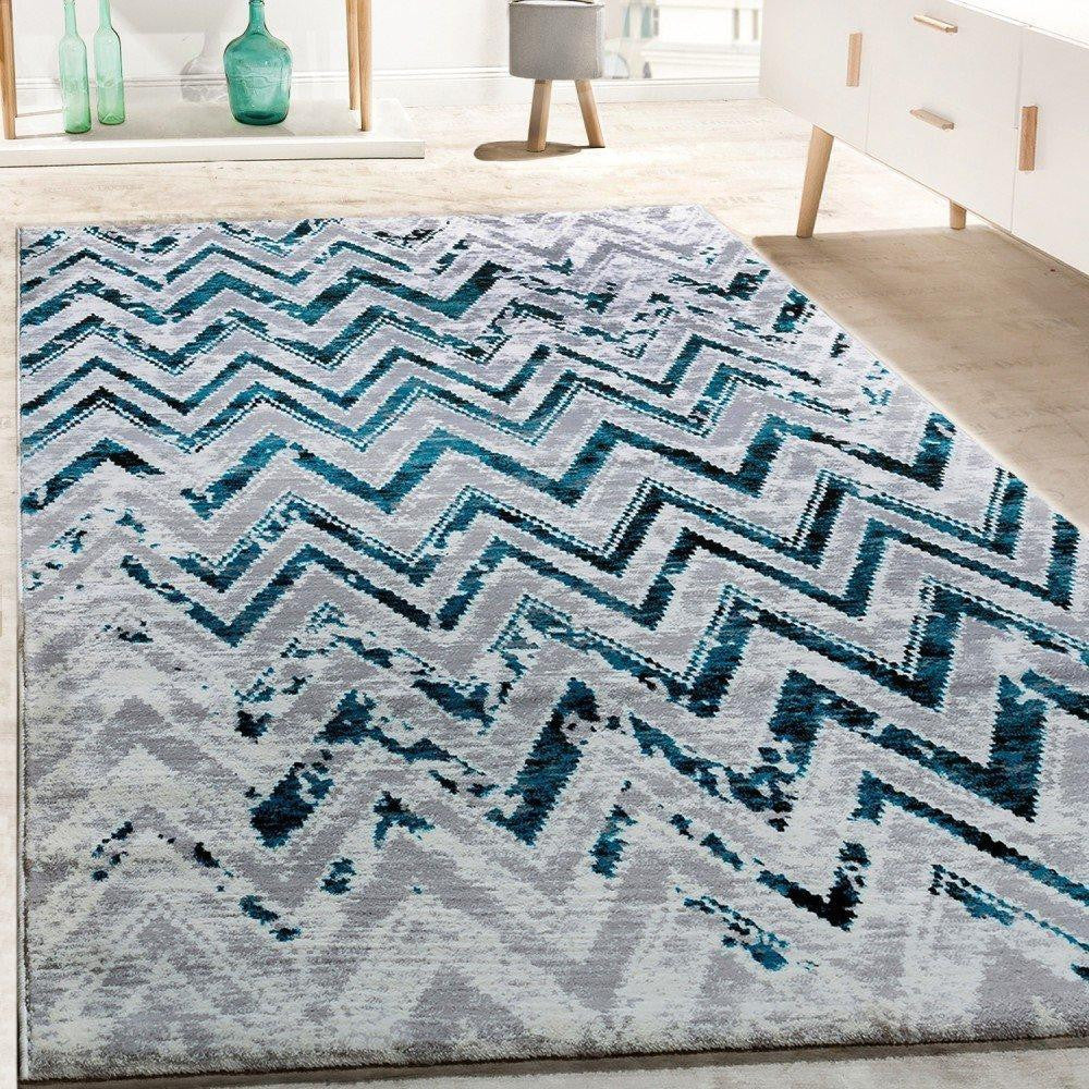 Grey, Turquoise & Cream Zig-Zag Mottled Rug