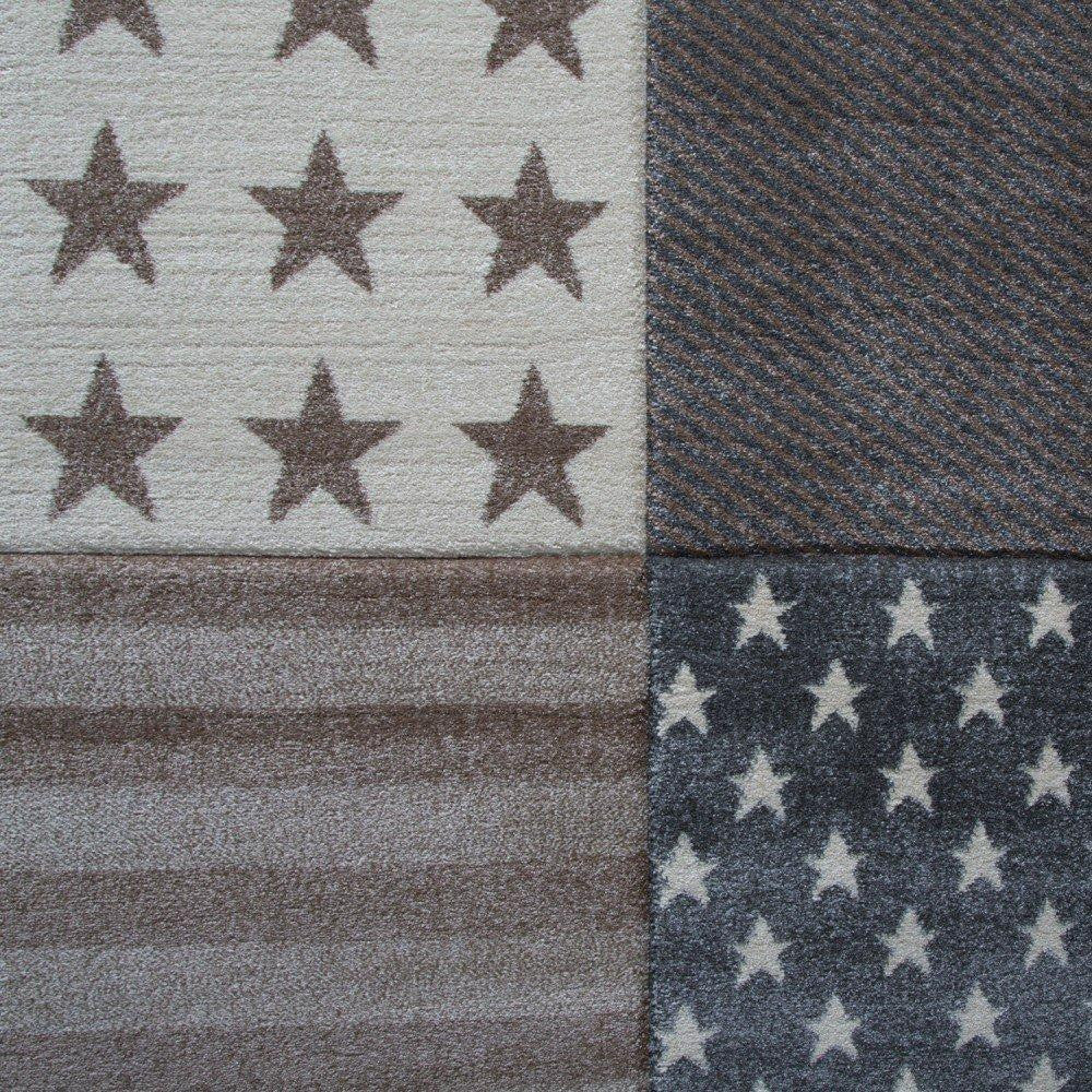 Beige & Cream Patterned Stars & Stripes Rug