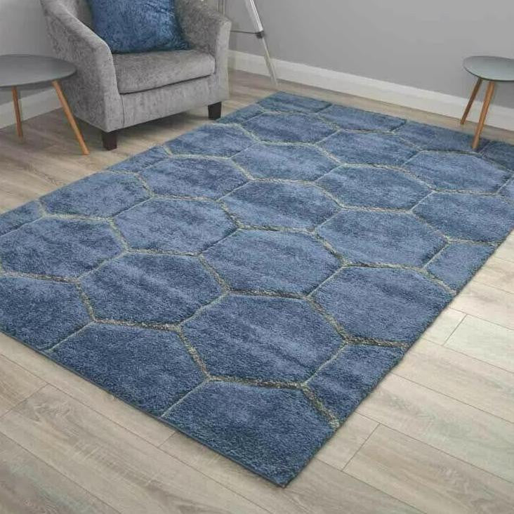 Blue Honeycomb Shaggy Rug