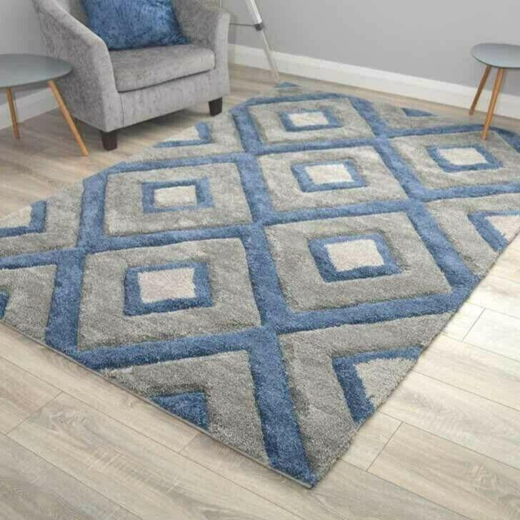 Grey & Blue Square Shaggy Rug