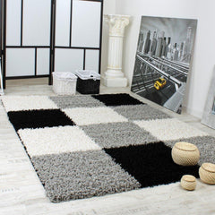 Grey, Black & White Shaggy Chequered Rug