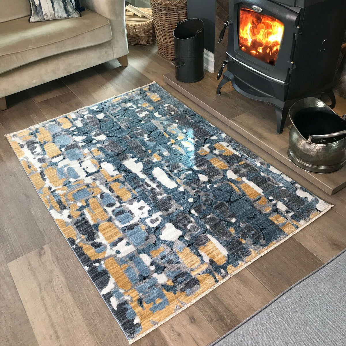 Distressed Grey & Yellow Abstract Rug