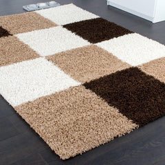 Brown, Beige & Cream Shaggy Chequered Rug