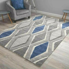 Grey & Blue Diamond Shaggy Rug