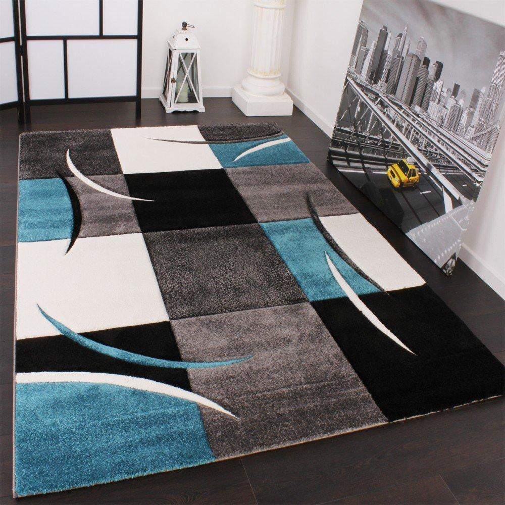 Turquoise & Grey Contemporary Checked Rug