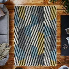 3D Blue, Yellow & Grey Lined Rug