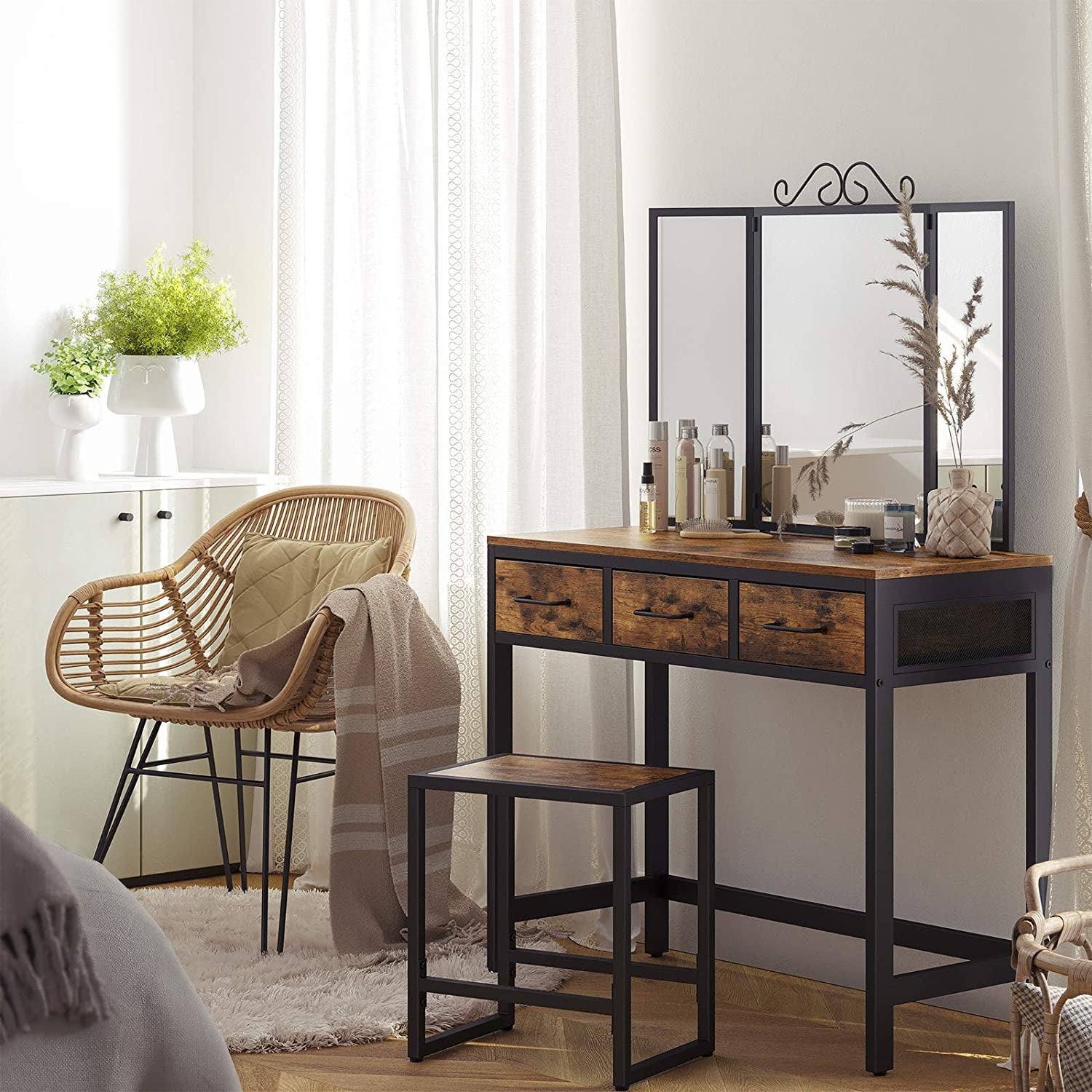 Rustic Vanity Table and Stool Set