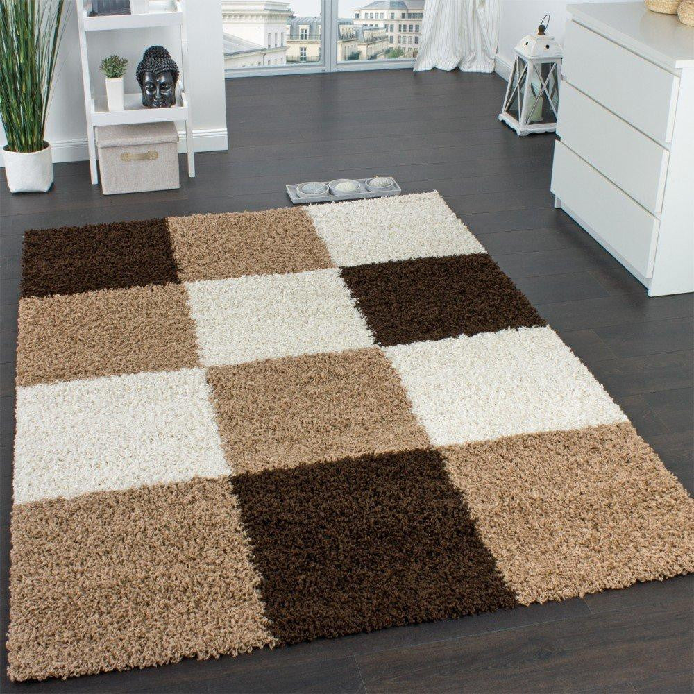 Brown, Beige & Cream Shaggy Chequered Rug