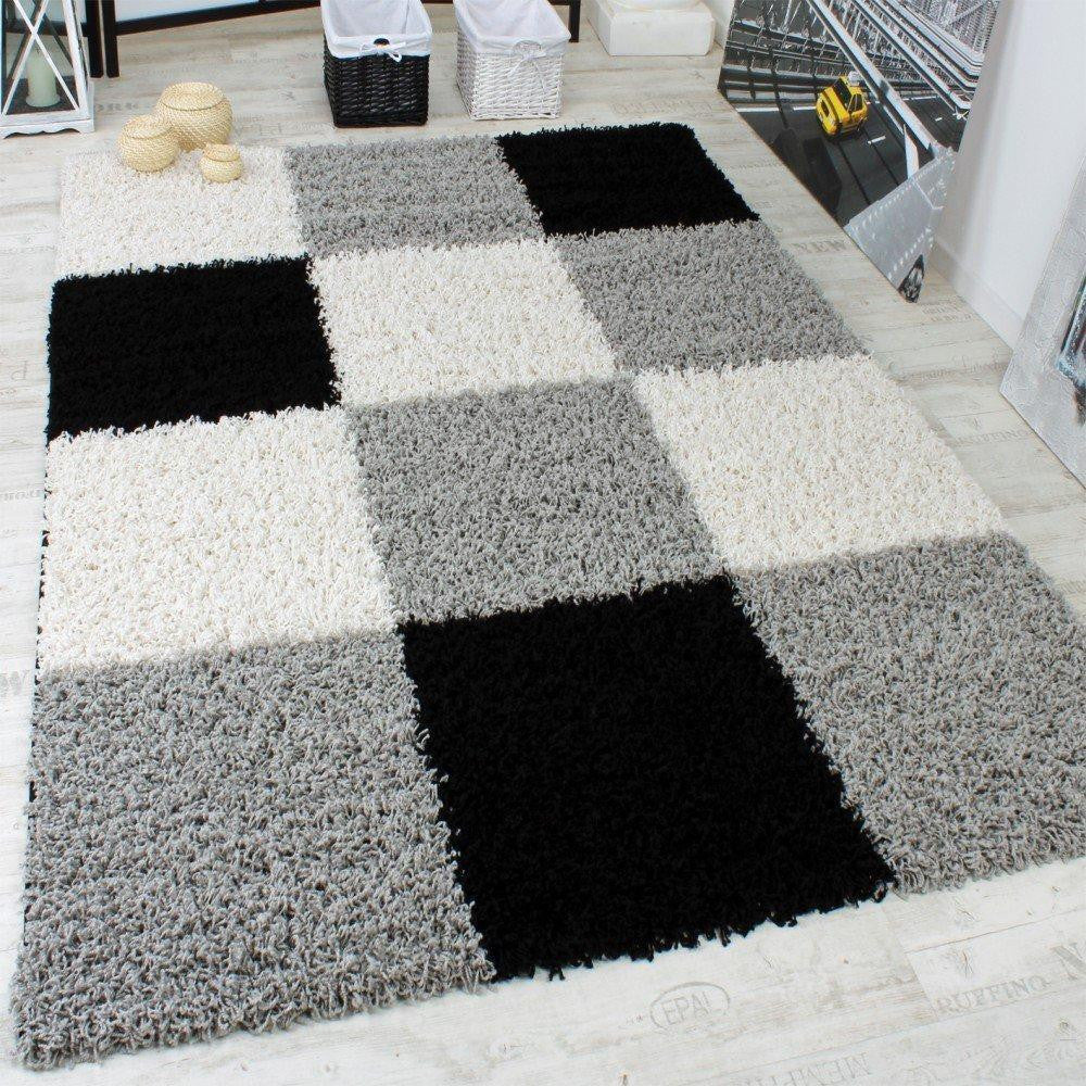 Grey, Black & White Shaggy Chequered Rug