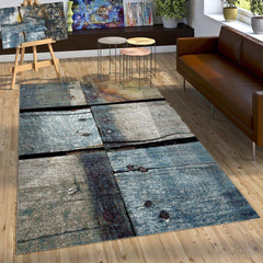 Wooden Inspired Blue & Grey Rusted Rug