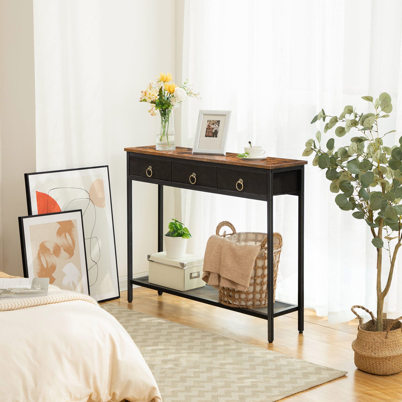 Rustic Triple Drawer Console Table