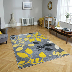 Grey, Yellow & Black Floral Rug