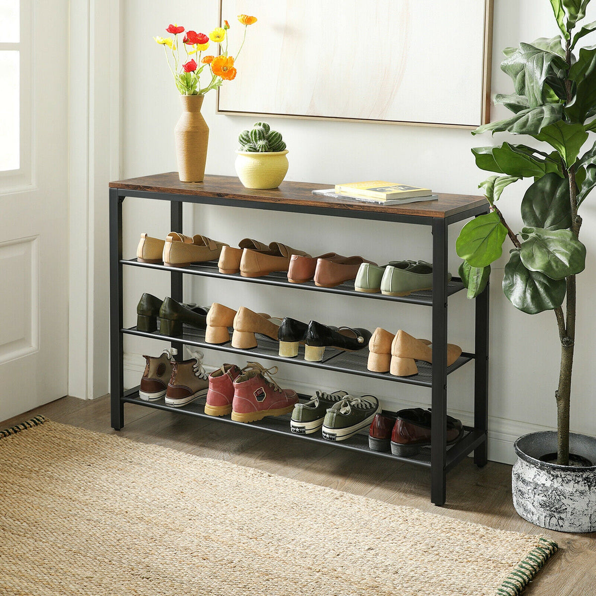 Rustic Brown Industrial Shoe Rack Bench